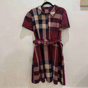 Burgundy and Beige Plaid Belted Dress